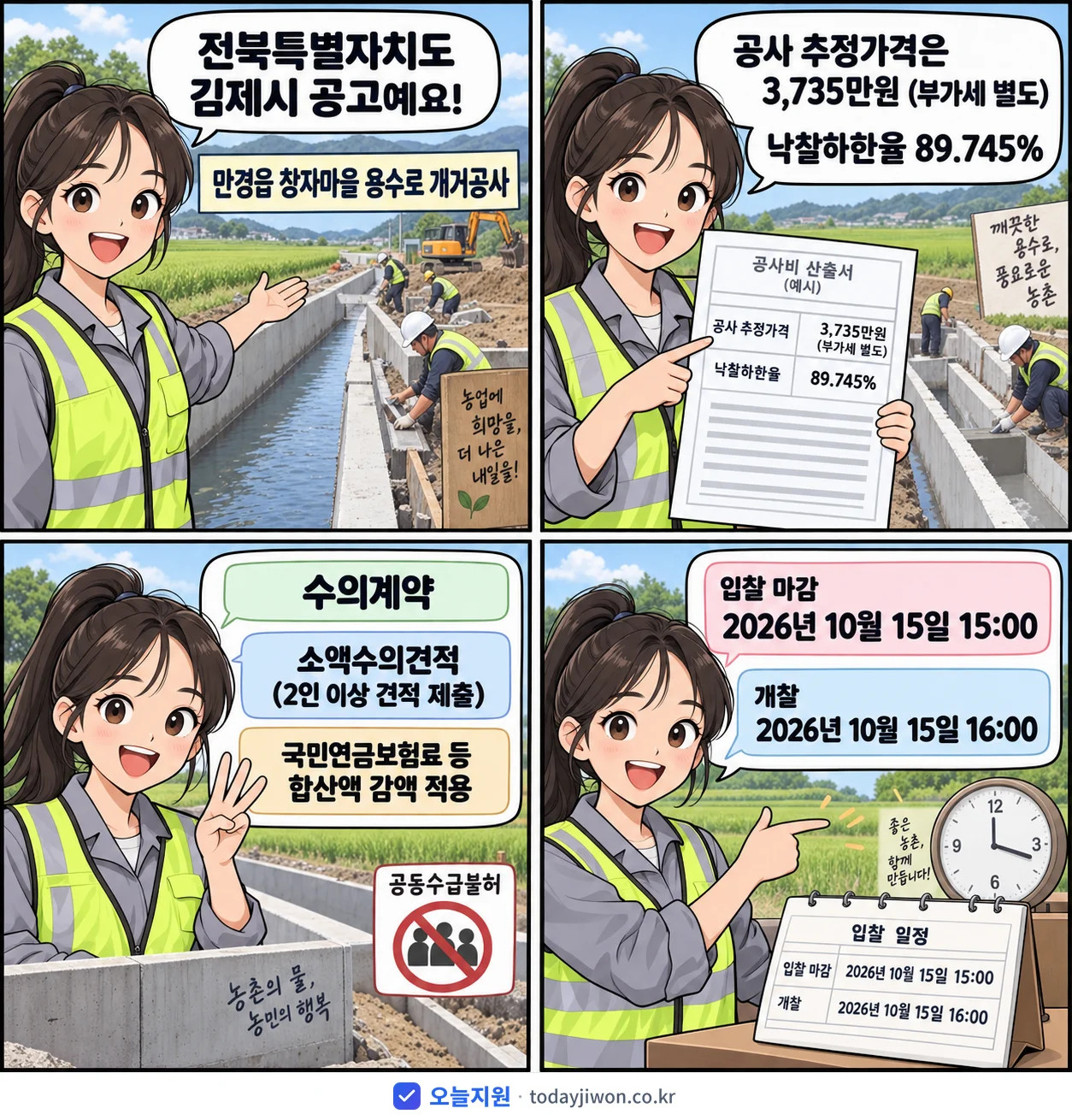 4컷 만화로 보는 공고: 전북특별자치도 김제시 '만경읍 창자마을 용수로 개거공사', 추정가격 3,735만원, 입찰 마감 10/15 15:00
