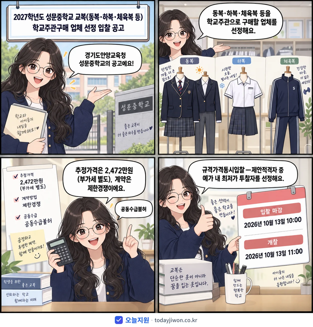 4컷 만화로 보는 공고: 경기도안양교육청 성문중학교 '학년도 성문중학교 교복(동복·하복·체육복 등) 학교주관구매 업체 선정…', 추정가격 2,472만원, 입찰 마감 10/13 10:00