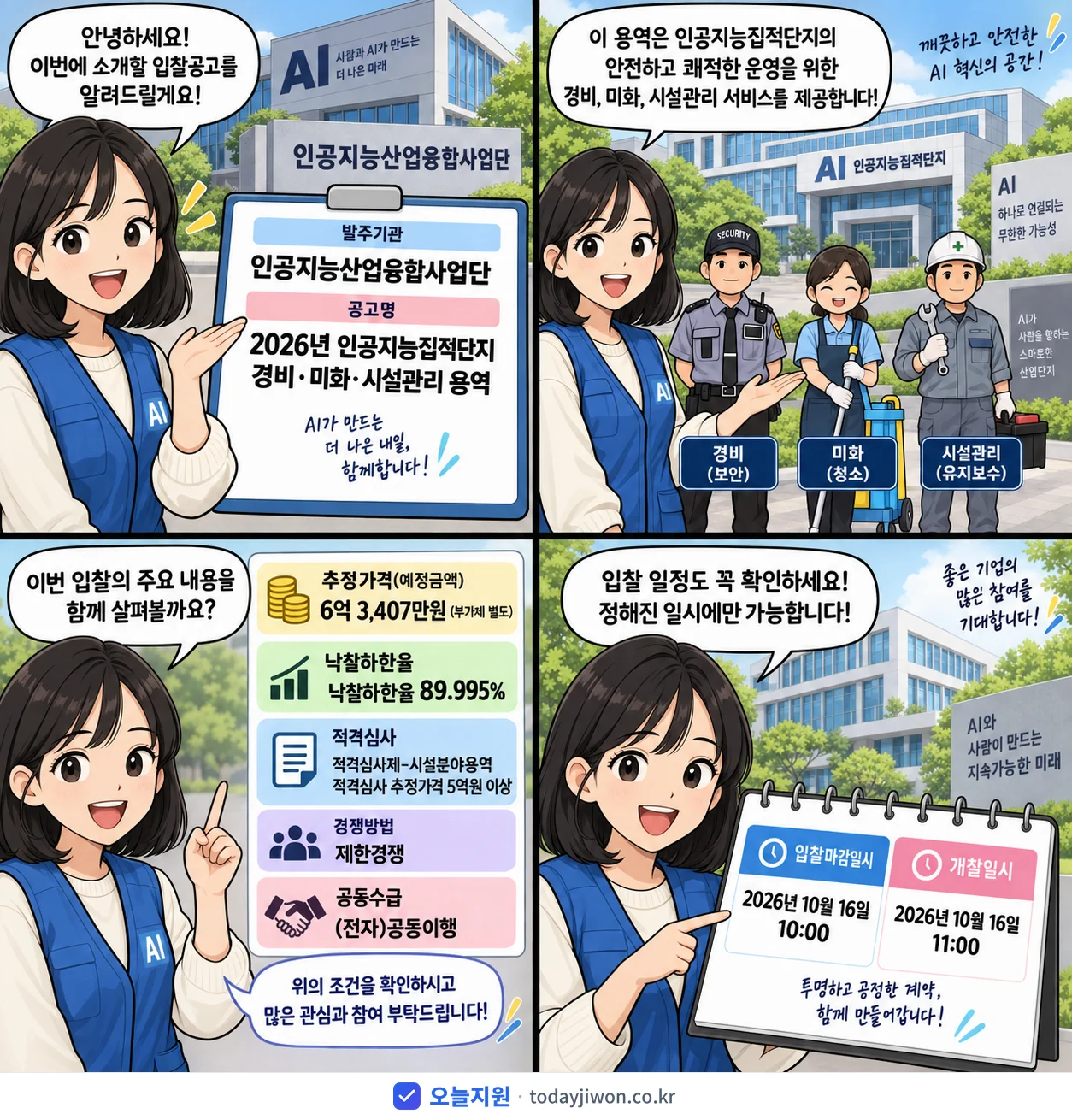 4컷 만화로 보는 공고: 인공지능산업융합사업단 '인공지능집적단지 경비·미화·시설관리 용역', 추정가격 6억 3,407만원, 입찰 마감 10/16 10:00