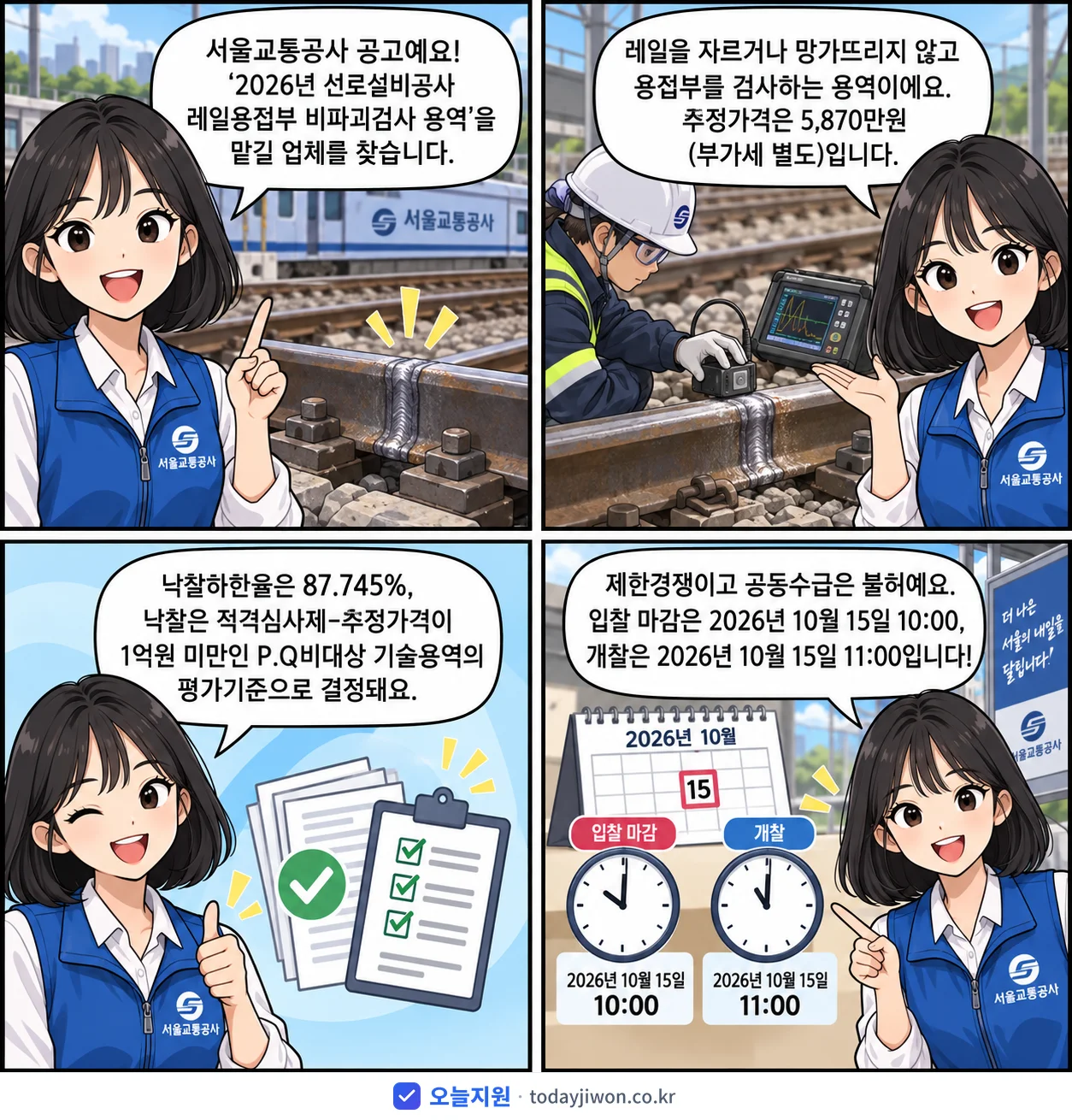 4컷 만화로 보는 공고: 서울교통공사 '선로설비공사 레일용접부 비파괴검사 용역', 추정가격 5,870만원, 입찰 마감 10/15 10:00