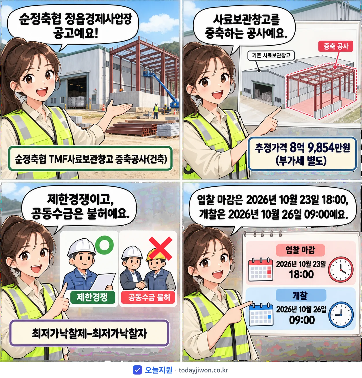 4컷 만화로 보는 공고: 순정축협 정읍경제사업장 '순정축협 TMF사료보관창고 증축공사(건축)', 추정가격 8억 9,854만원, 입찰 마감 10/23 18:00
