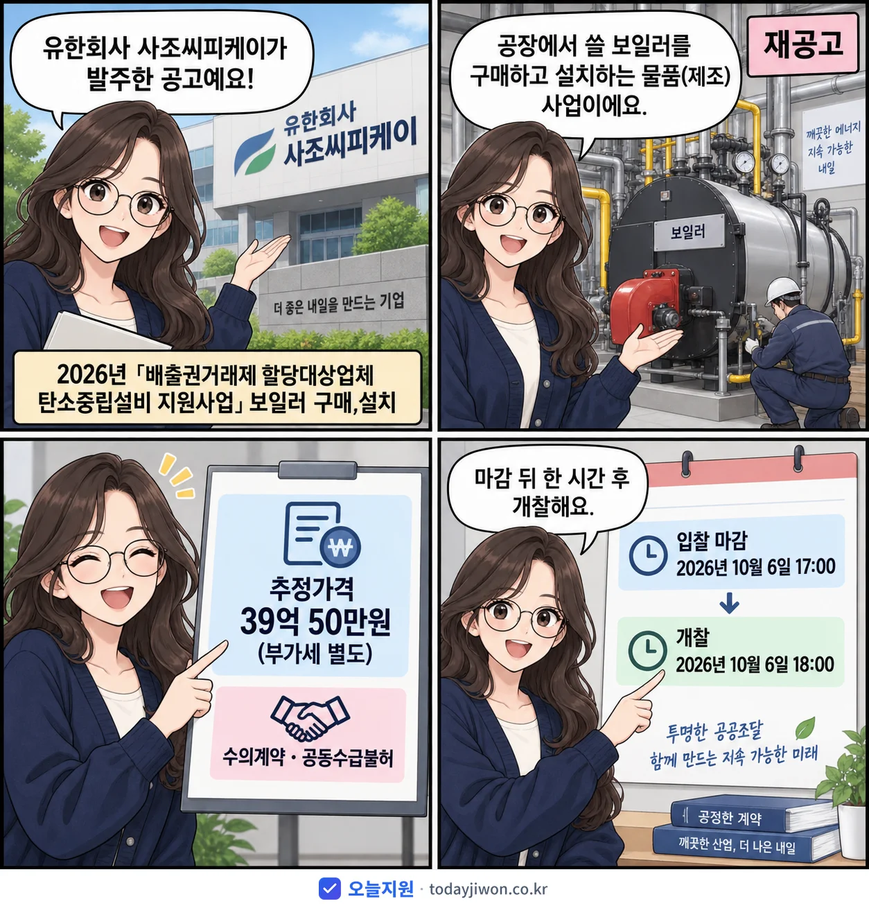 4컷 만화로 보는 공고: 유한회사 사조씨피케이 '「배출권거래제 할당대상업체 탄소중립설비 지원사업」보일러 구매,설치', 추정가격 39억 50만원, 입찰 마감 10/6 17:00