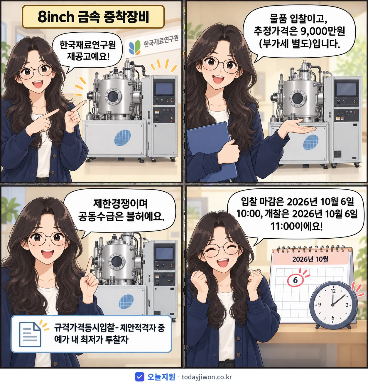 4컷 만화로 보는 공고: 한국재료연구원 '8inch 금속 증착장비', 추정가격 9,000만원, 입찰 마감 10/6 10:00