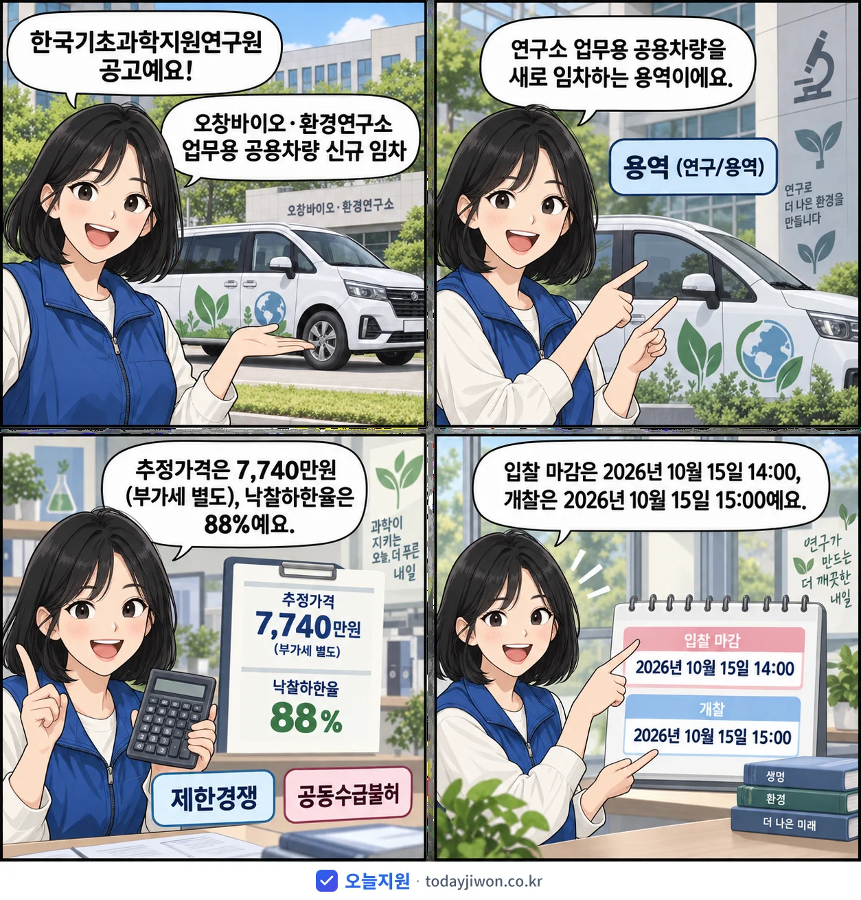 4컷 만화로 보는 공고: 한국기초과학지원연구원 '오창바이오·환경연구소 업무용 공용차량 신규 임차', 추정가격 7,740만원, 입찰 마감 10/15 14:00
