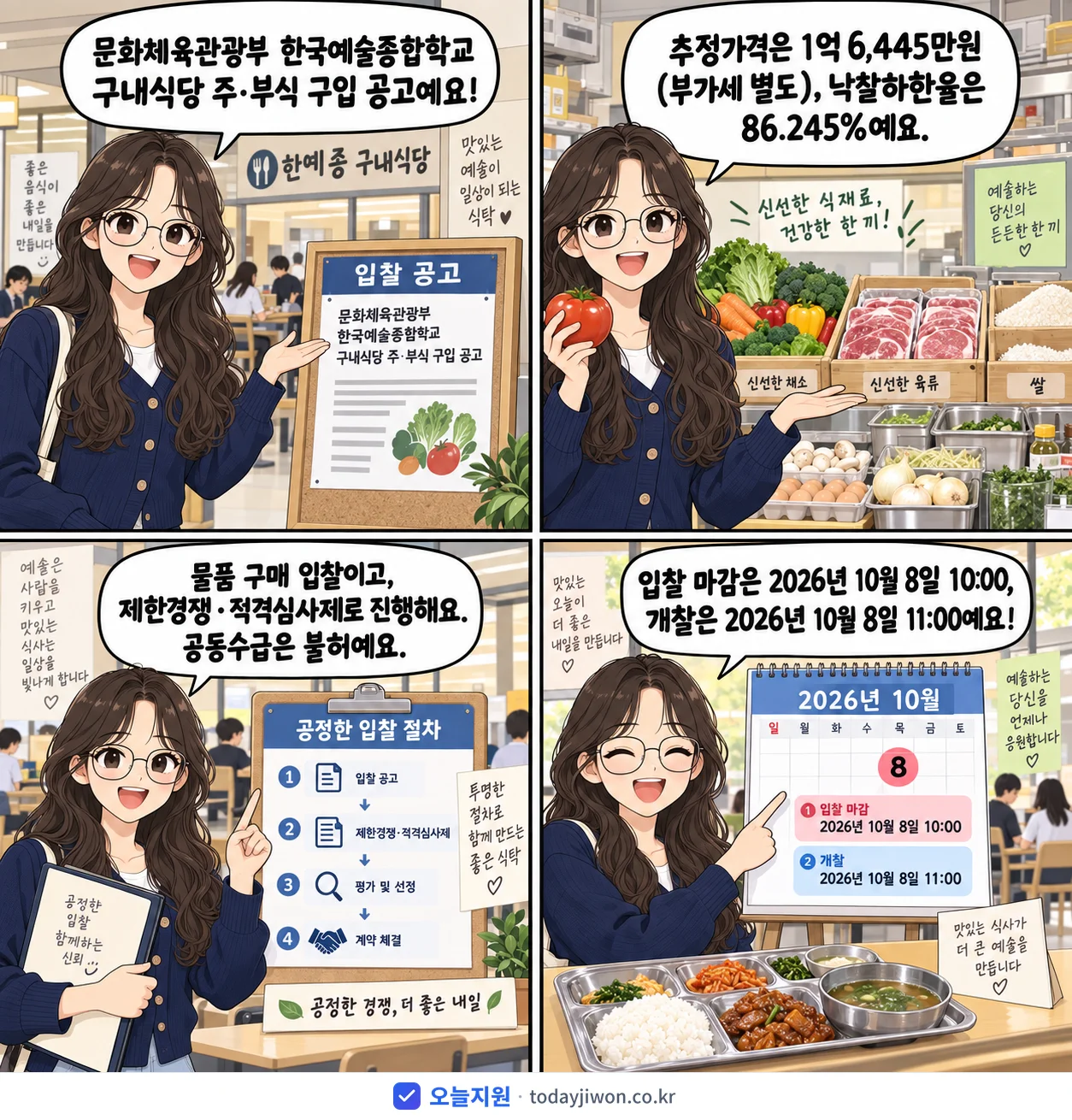 4컷 만화로 보는 공고: 문화체육관광부 한국예술종합학교 '한국예술종합학교 구내식당 주·부식 구입(26.11.~27.2.)', 추정가격 1억 6,445만원, 입찰 마감 10/8 10:00