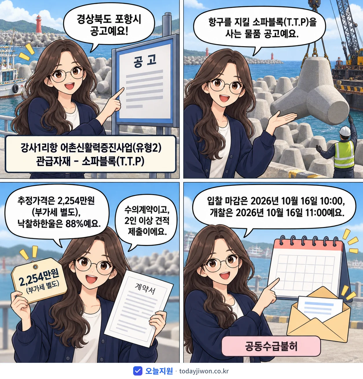 4컷 만화로 보는 공고: 경상북도 포항시 '강사1리항 어촌신활력증진사업(유형2) 관급자재 - 소파블록(T.T.P)', 추정가격 2,254만원, 입찰 마감 10/16 10:00