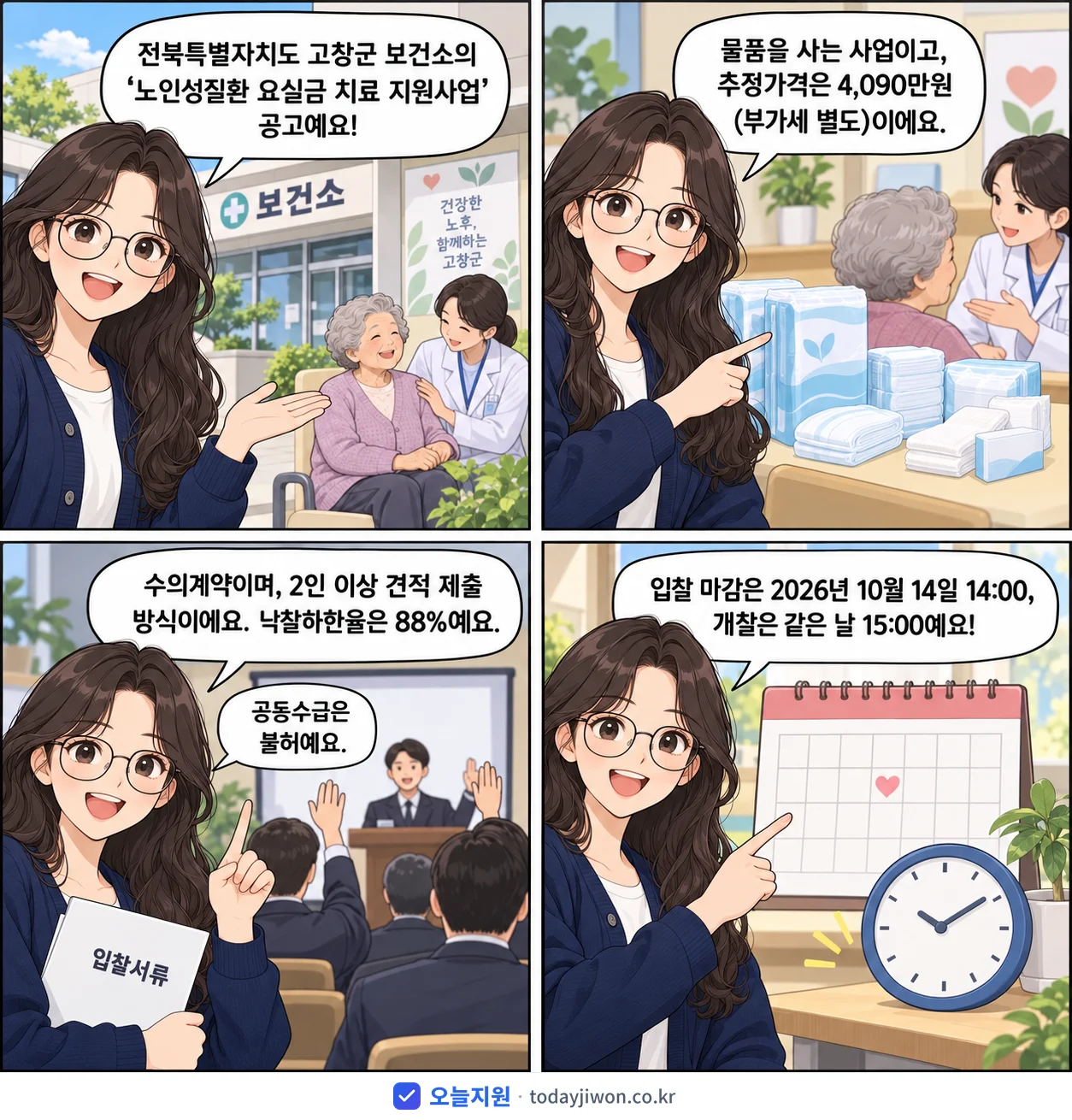 4컷 만화로 보는 공고: 전북특별자치도 고창군 보건소 '노인성질환 요실금 치료 지원사업', 추정가격 4,090만원, 입찰 마감 10/14 14:00