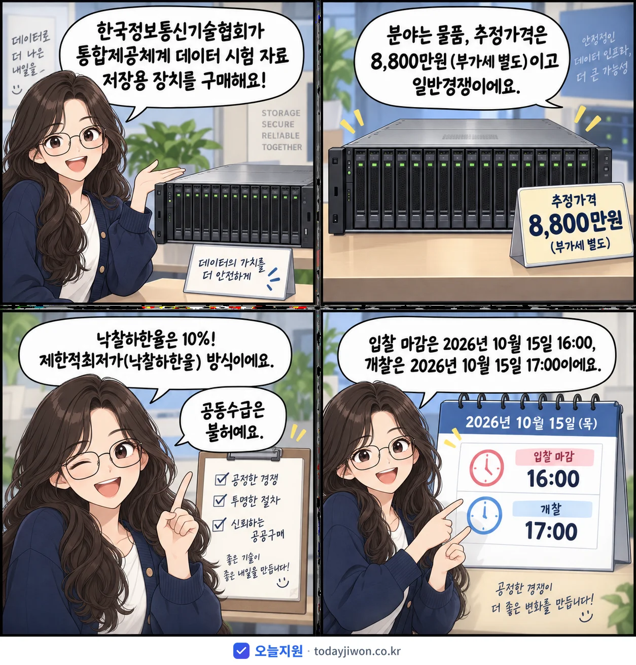4컷 만화로 보는 공고: 한국정보통신기술협회 '통합제공체계 데이터 시험 자료 저장용 장치 구매', 추정가격 8,800만원, 입찰 마감 10/15 16:00