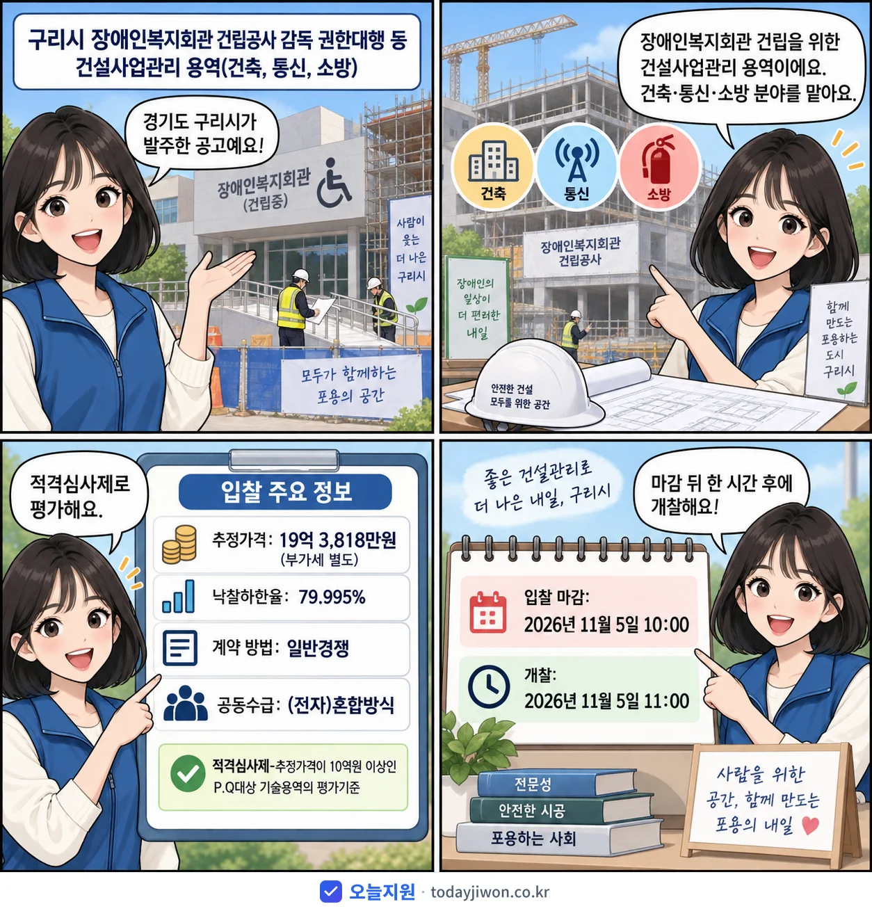 4컷 만화로 보는 공고: 경기도 구리시 '구리시 장애인복지회관 건립공사 감독 권한대행 등 건설사업관리 용역(건축…', 추정가격 19억 3,818만원, 입찰 마감 11/5 10:00