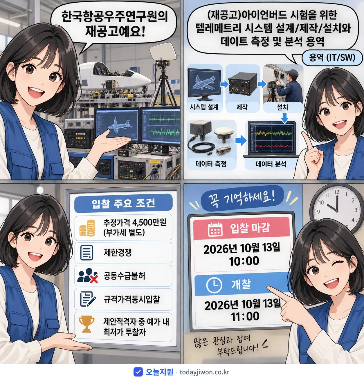 4컷 만화로 보는 공고: 한국항공우주연구원 '아이언버드 시험을 위한 텔레메트리 시스템 설계/제작/설치와 데이트 측정…', 추정가격 4,500만원, 입찰 마감 10/13 10:00
