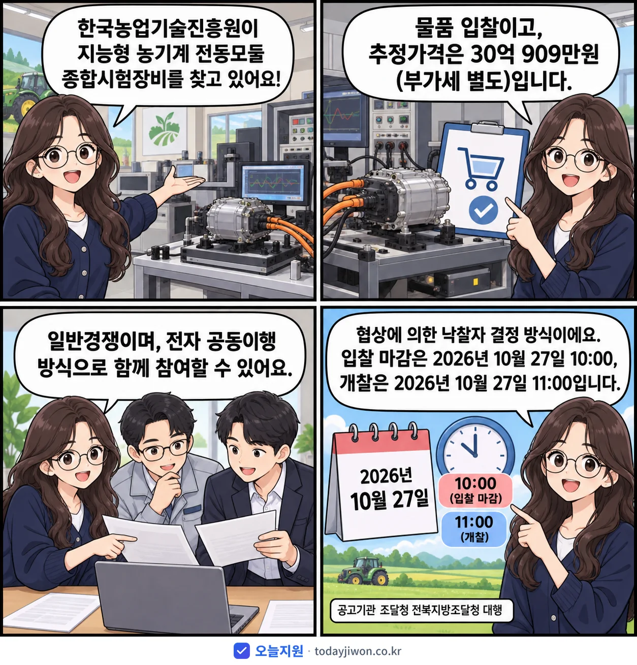 4컷 만화로 보는 공고: 한국농업기술진흥원 '지능형 농기계 전동모듈 종합시험장비', 추정가격 30억 909만원, 입찰 마감 10/27 10:00