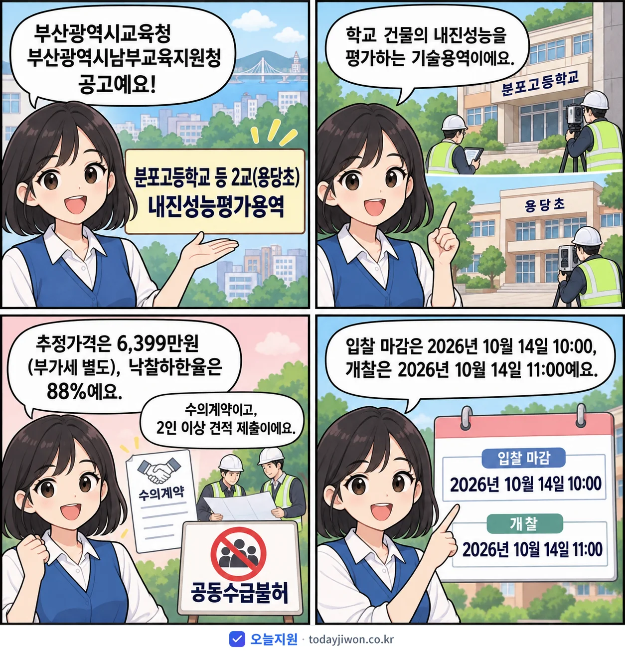 4컷 만화로 보는 공고: 부산광역시교육청 부산광역시남부교육지원청 '분포고등학교 등 2교(용당초) 내진성능평가용역', 추정가격 6,399만원, 입찰 마감 10/14 10:00