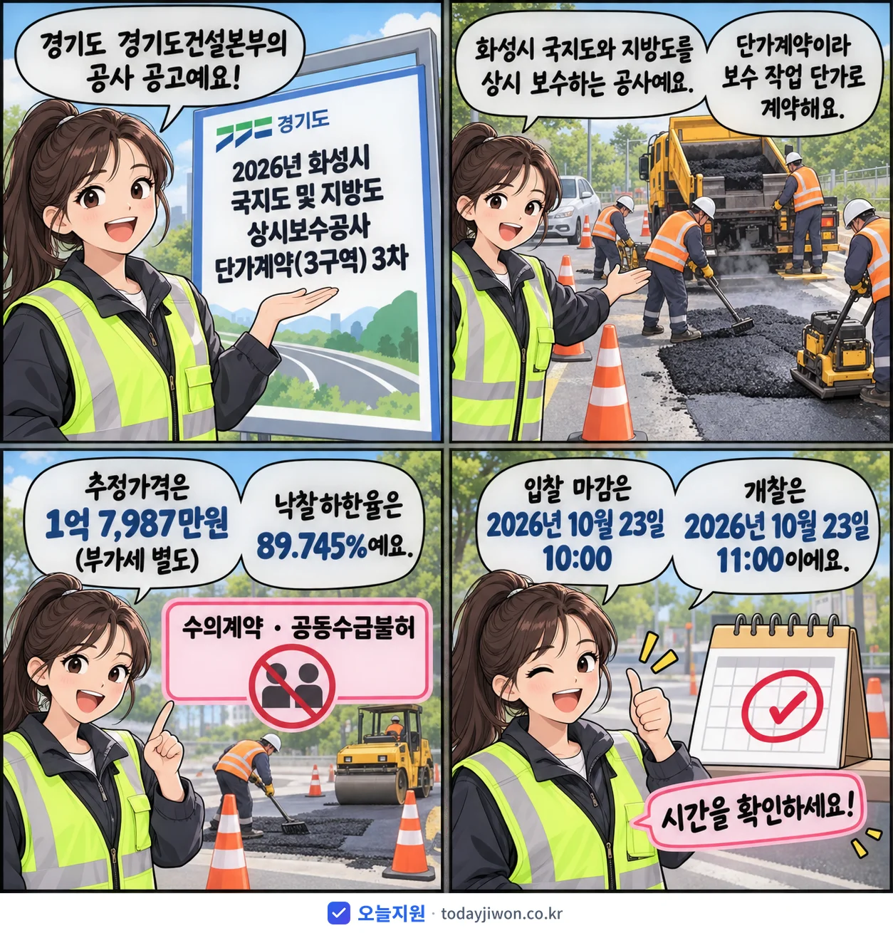 4컷 만화로 보는 공고: 경기도 경기도건설본부 '화성시 국지도 및 지방도 상시보수공사 단가계약(3구역) 3차', 추정가격 1억 7,987만원, 입찰 마감 10/23 10:00