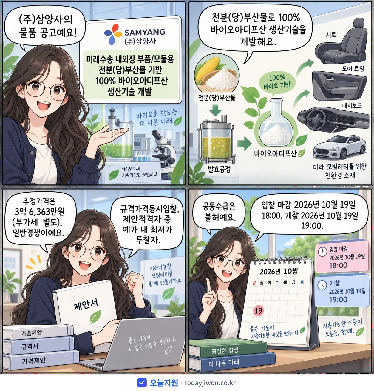4컷 만화로 보는 공고: (주)삼양사 '미래수송 내외장 부품/모듈용 전분(당)부산물 기반 100% 바이오아디프…', 추정가격 3억 6,363만원, 입찰 마감 10/19 18:00