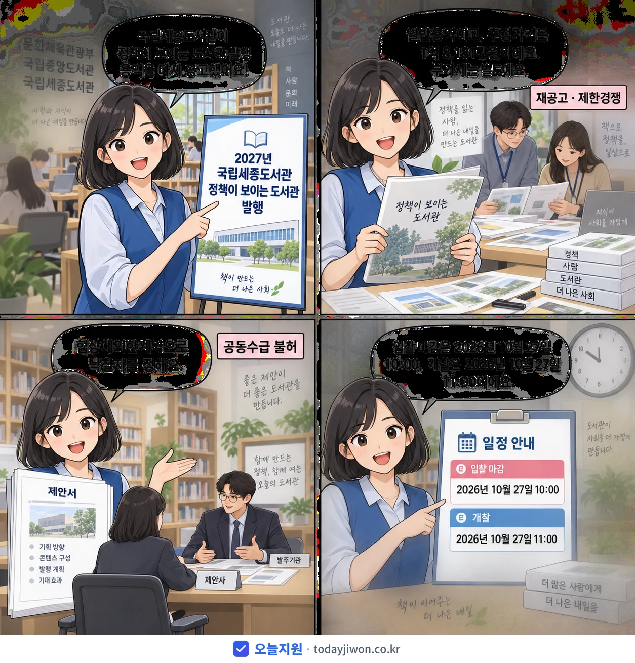 4컷 만화로 보는 공고: 문화체육관광부 국립중앙도서관 국립세종도서관 '국립세종도서관 정책이 보이는 도서관 발행', 추정가격 1억 8,181만원, 입찰 마감 10/27 10:00