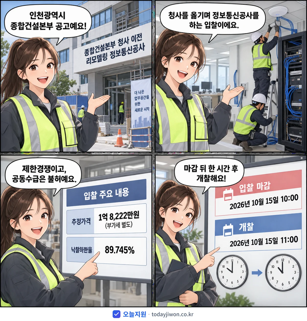 4컷 만화로 보는 공고: 인천광역시 종합건설본부 '종합건설본부 청사 이전 리모델링 정보통신공사', 추정가격 1억 8,222만원, 입찰 마감 10/15 10:00
