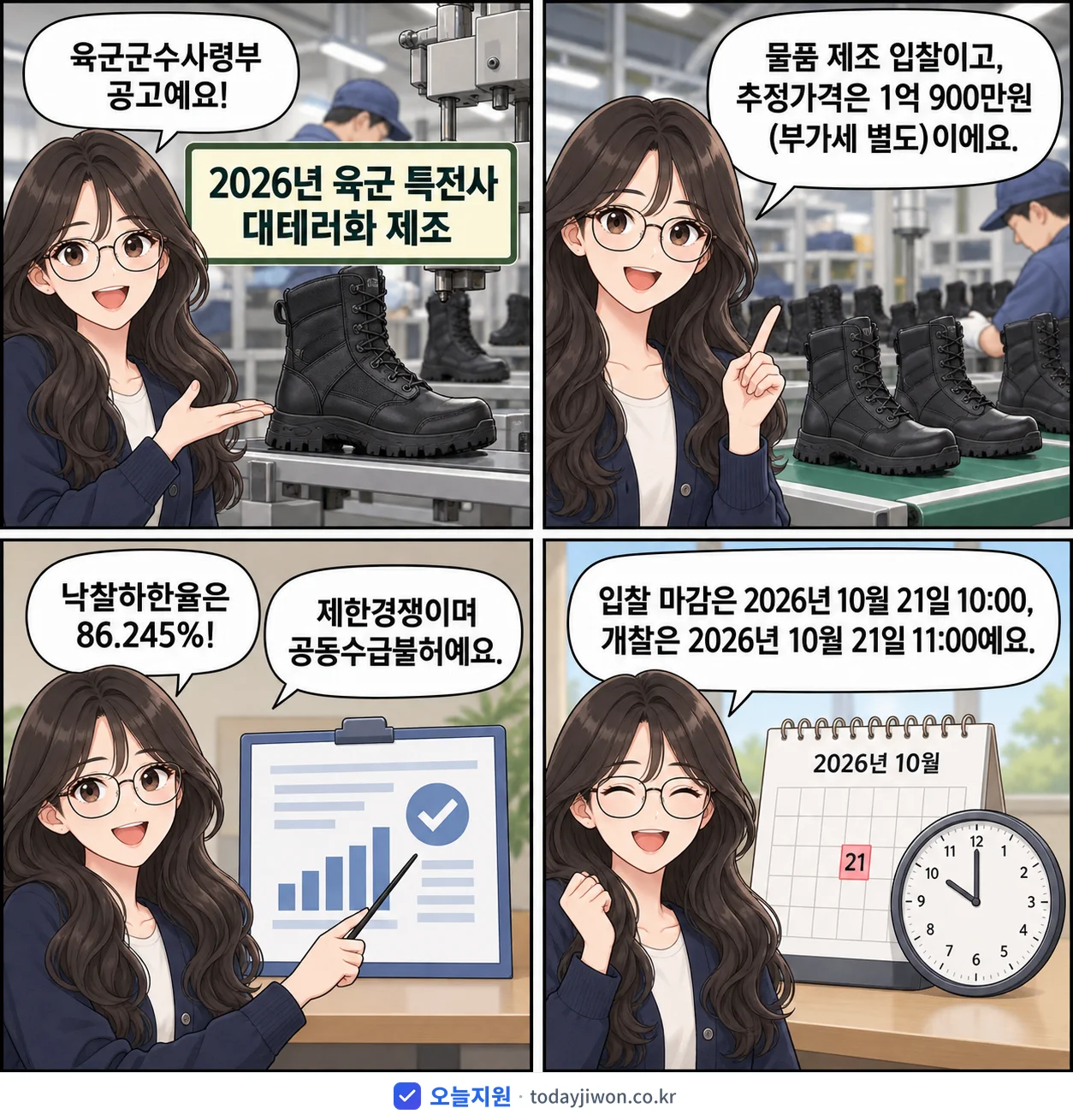 4컷 만화로 보는 공고: 육군군수사령부 '육군 특전사 대테러화 제조', 추정가격 1억 900만원, 입찰 마감 10/21 10:00