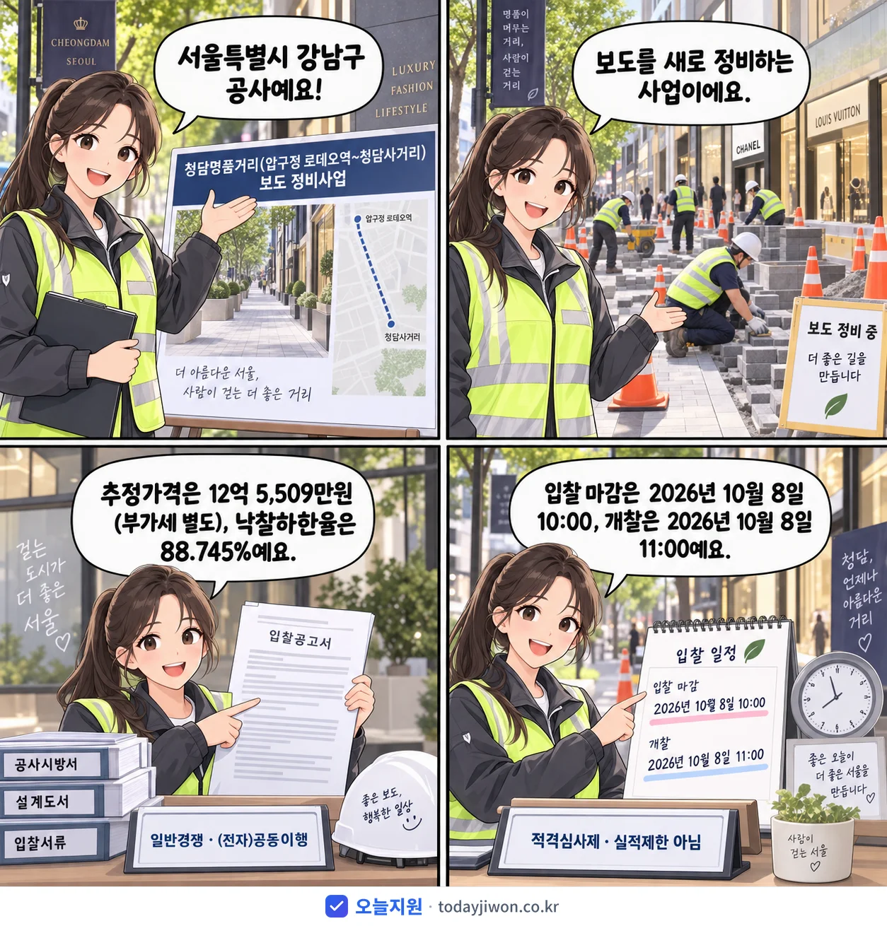 4컷 만화로 보는 공고: 서울특별시 강남구 '청담명품거리(압구정 로데오역~청담사거리) 보도 정비사업', 추정가격 12억 5,509만원, 입찰 마감 10/8 10:00