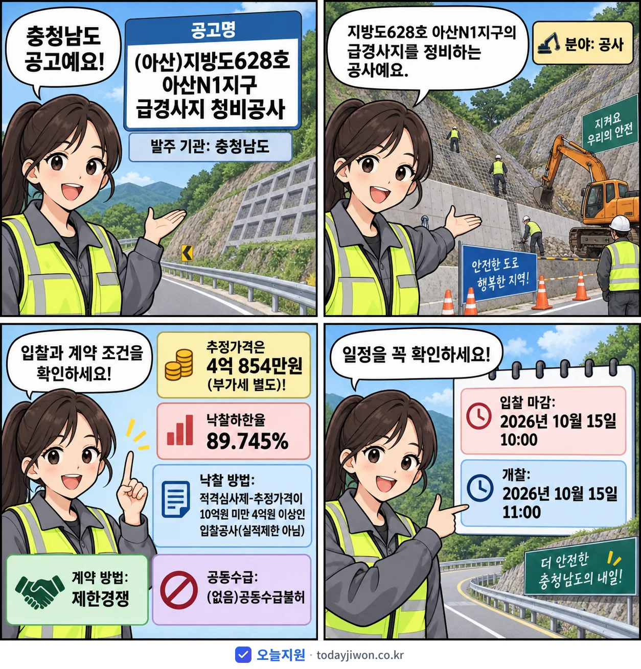4컷 만화로 보는 공고: 충청남도 '(아산)지방도628호 아산N1지구 급경사지 정비공사', 추정가격 4억 854만원, 입찰 마감 10/15 10:00