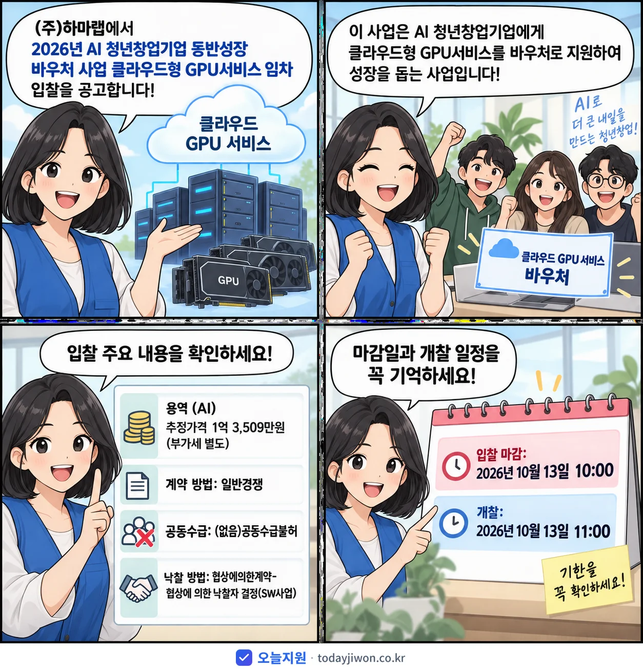 4컷 만화로 보는 공고: (주)하마랩 'AI 청년창업기업 동반성장 바우처 사업 클라우드형 GPU서비스 임차', 추정가격 1억 3,509만원, 입찰 마감 10/13 10:00