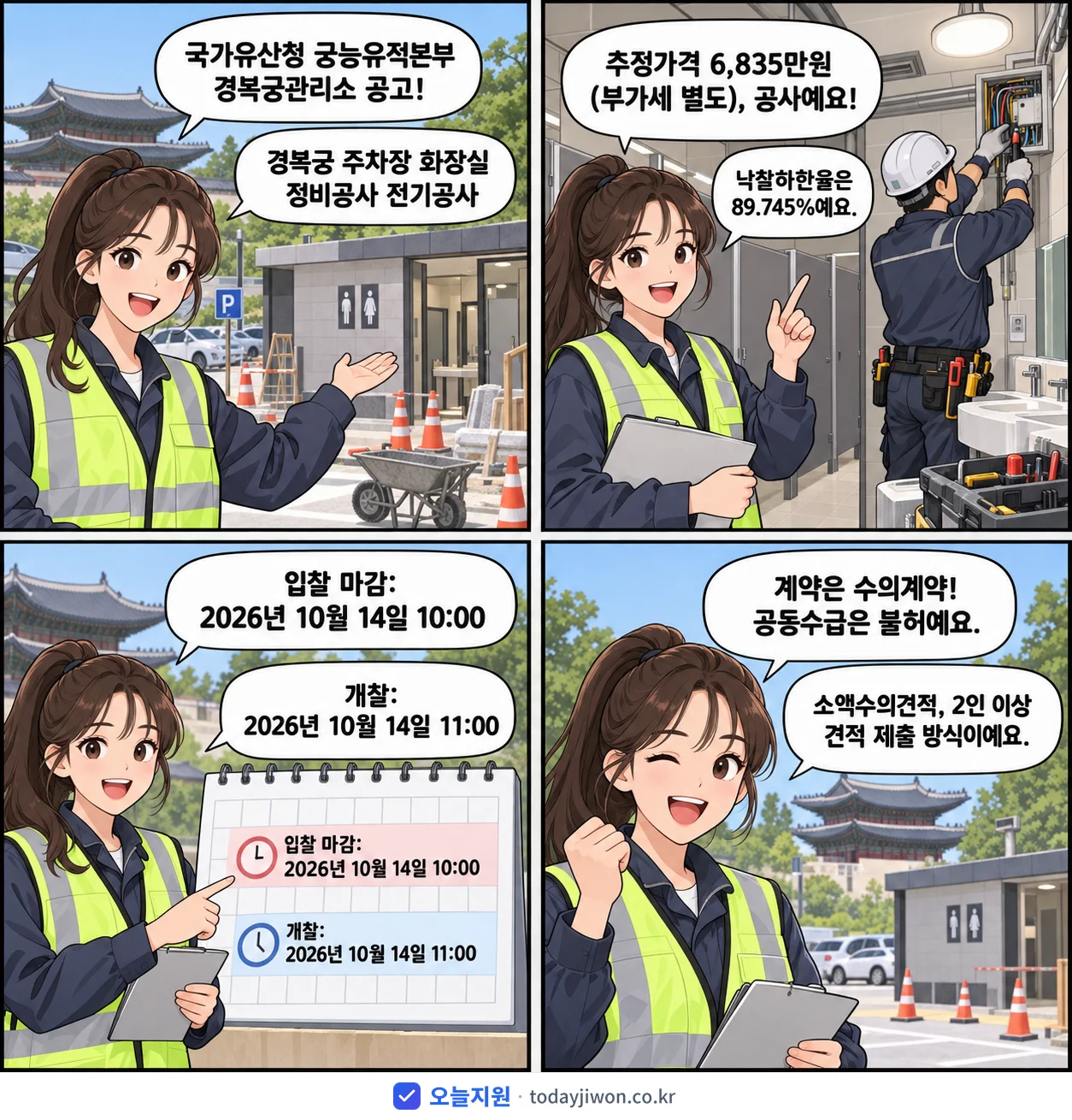 4컷 만화로 보는 공고: 국가유산청 궁능유적본부 경복궁관리소 '경복궁 주차장 화장실 정비공사 전기공사', 추정가격 6,835만원, 입찰 마감 10/14 10:00