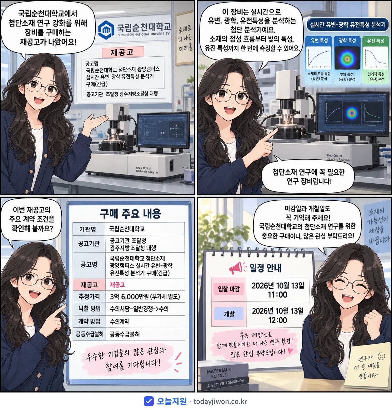 4컷 만화로 보는 공고: 국립순천대학교 '국립순천대학교 첨단소재 광양캠퍼스 실시간 유변-광학 유전특성 분석기 구매', 추정가격 3억 6,000만원, 입찰 마감 10/13 11:00