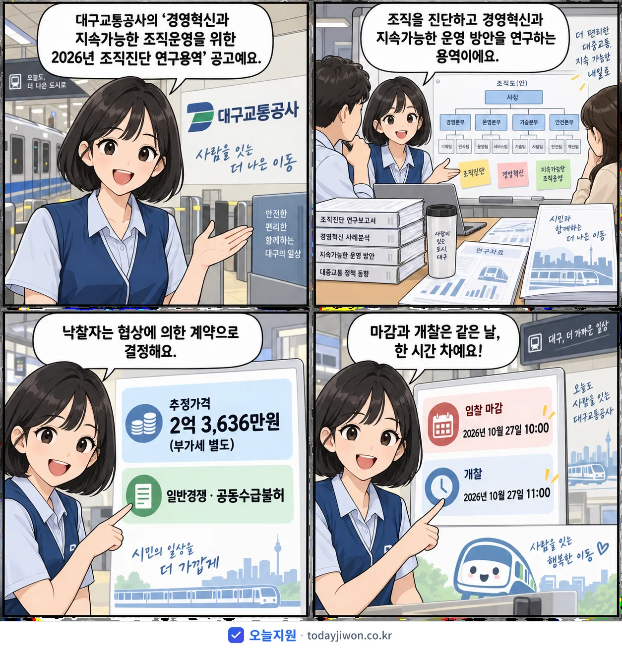 4컷 만화로 보는 공고: 대구교통공사 '경영혁신과 지속가능한 조직운영을 위한 2026년 조직진단 연구용역', 추정가격 2억 3,636만원, 입찰 마감 10/27 10:00