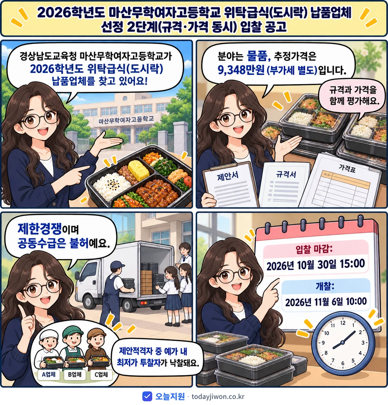 4컷 만화로 보는 공고: 경상남도교육청 마산무학여자고등학교 '학년도 마산무학여자고등학교 위탁급식(도시락) 납품업체 선정 2단계(규격…', 추정가격 9,348만원, 입찰 마감 10/30 15:00