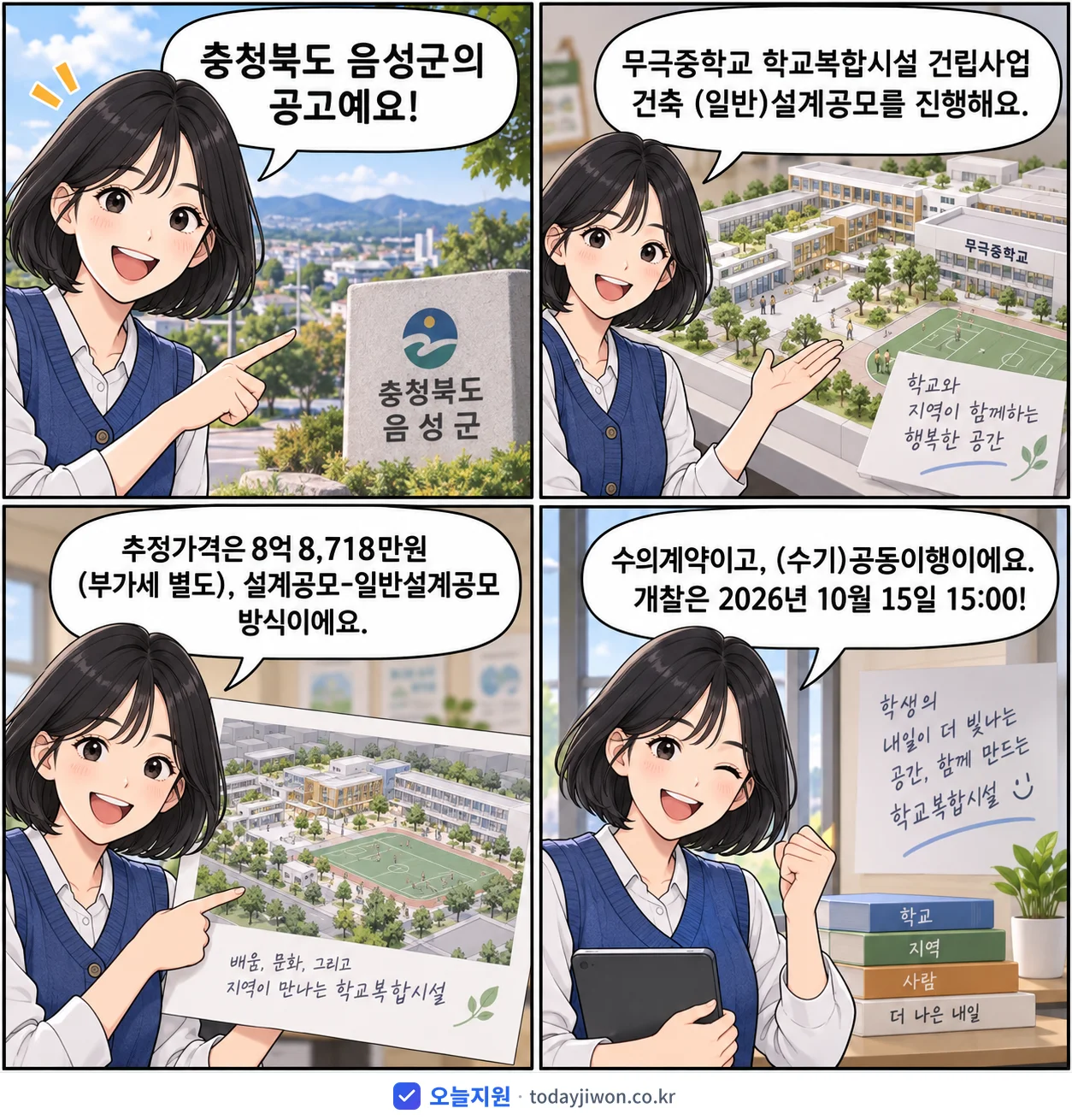 4컷 만화로 보는 공고: 충청북도 음성군 '무극중학교 학교복합시설 건립사업 건축 (일반)설계공모', 추정가격 8억 8,718만원