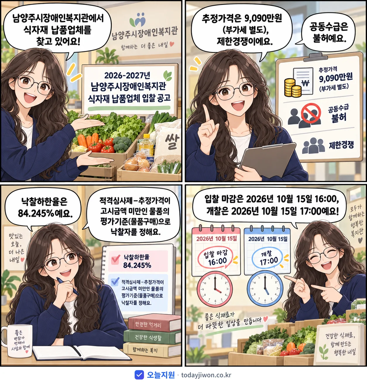 4컷 만화로 보는 공고: 남양주시장애인복지관 '-2027년 남양주시장애인복지관 식자재 납품업체 입찰 공고', 추정가격 9,090만원, 입찰 마감 10/15 16:00
