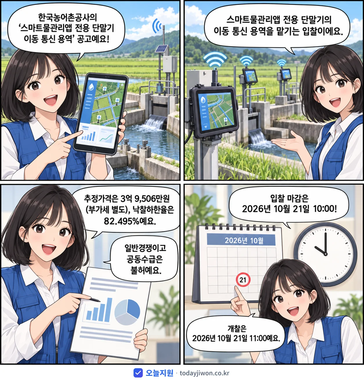 4컷 만화로 보는 공고: 한국농어촌공사 '스마트물관리앱 전용 단말기 이동 통신 용역', 추정가격 3억 9,506만원, 입찰 마감 10/21 10:00