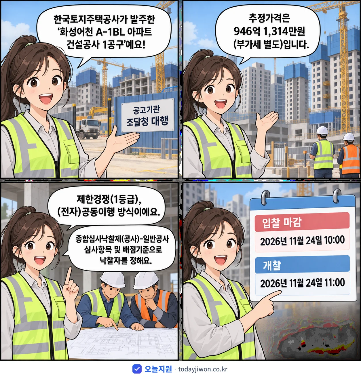 4컷 만화로 보는 공고: 한국토지주택공사 '화성어천 A-1BL 아파트 건설공사 1공구', 추정가격 946억 1,314만원, 입찰 마감 11/24 10:00