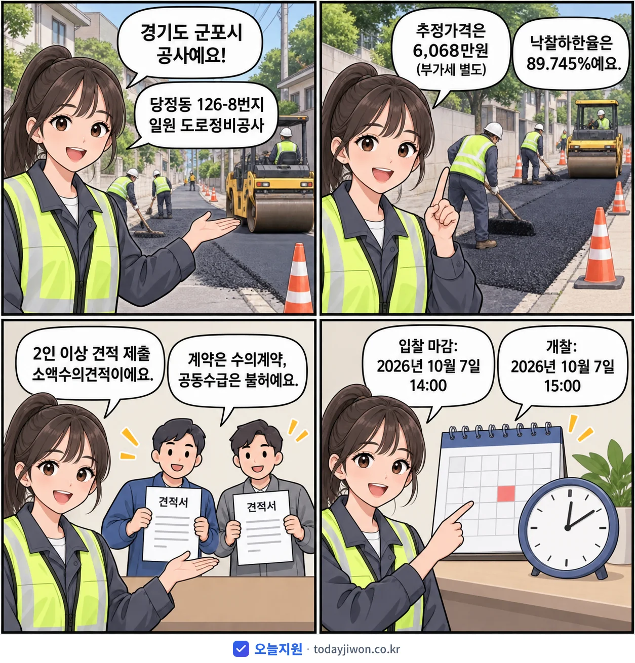 4컷 만화로 보는 공고: 경기도 군포시 '당정동 126-8번지 일원 도로정비공사', 추정가격 6,068만원, 입찰 마감 10/7 14:00