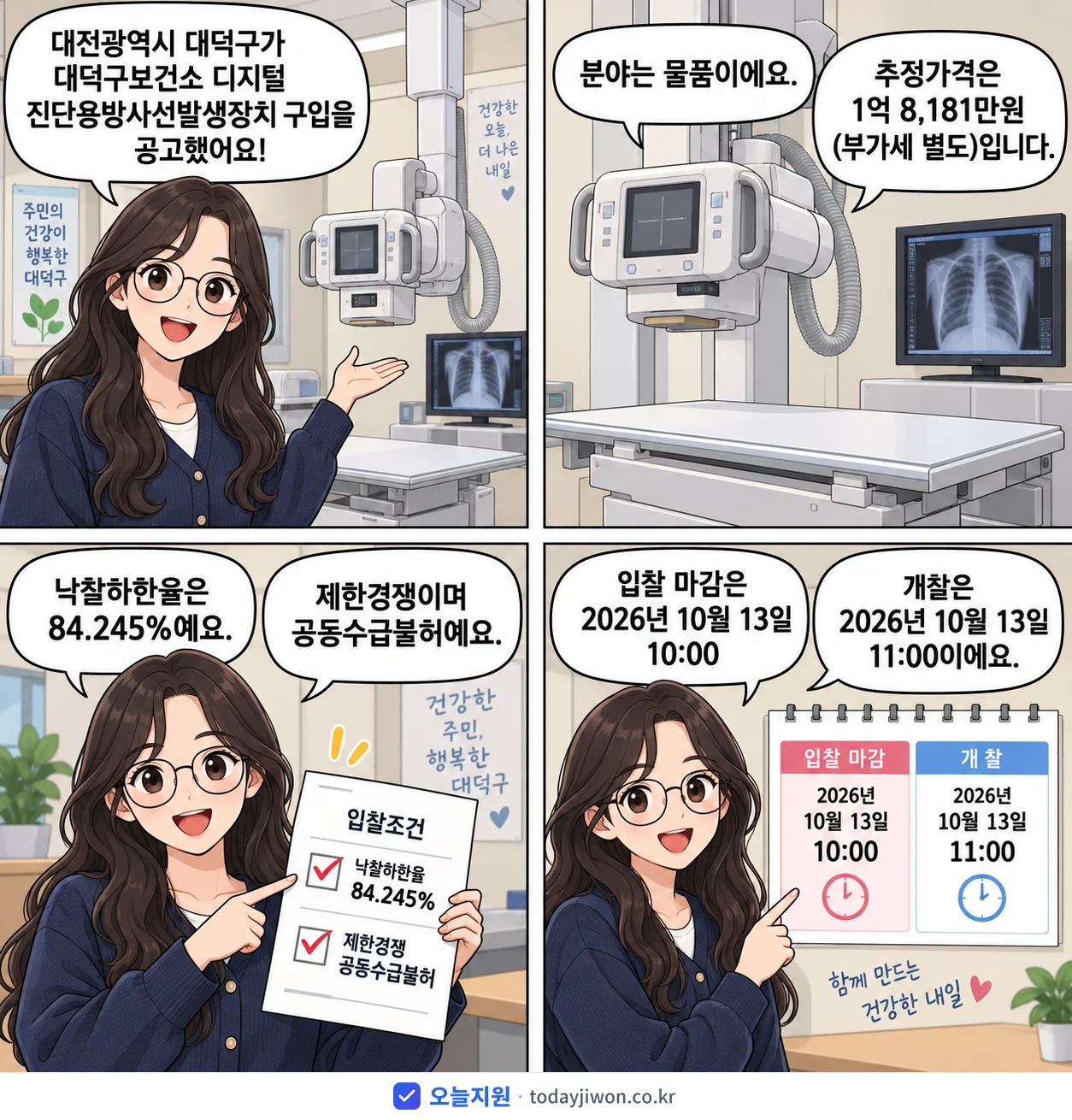 4컷 만화로 보는 공고: 대전광역시 대덕구 '대덕구보건소 디지털 진단용방사선발생장치 구입', 추정가격 1억 8,181만원, 입찰 마감 10/13 10:00