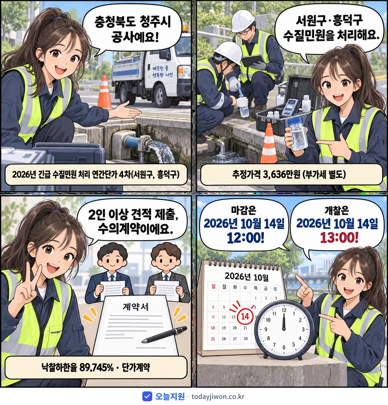 4컷 만화로 보는 공고: 충청북도 청주시 '긴급 수질민원 처리 연간단가 4차(서원구, 흥덕구)', 추정가격 3,636만원, 입찰 마감 10/14 12:00