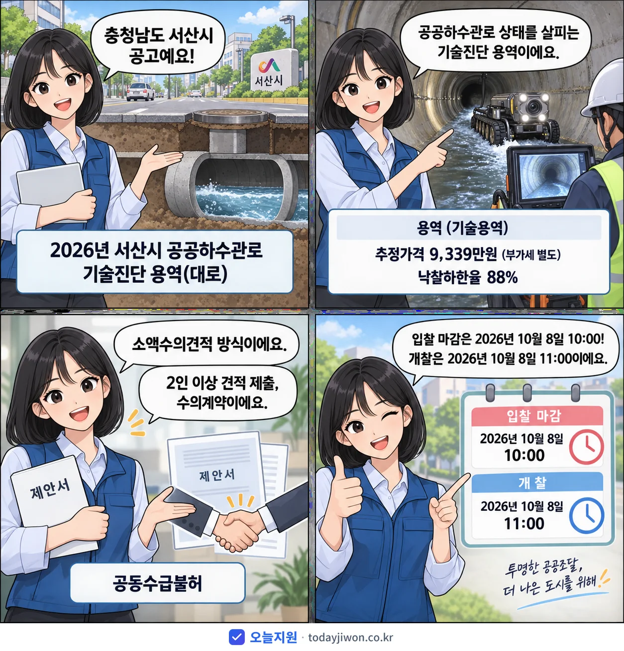 4컷 만화로 보는 공고: 충청남도 서산시 '서산시 공공하수관로 기술진단 용역(대로)', 추정가격 9,339만원, 입찰 마감 10/8 10:00