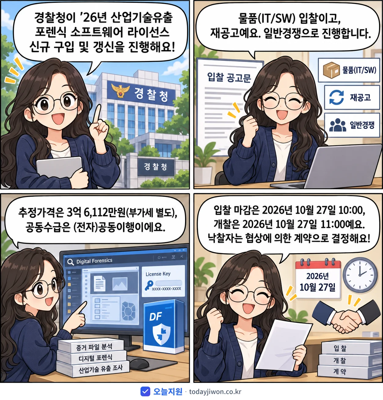 4컷 만화로 보는 공고: 경찰청 '’26년 산업기술유출 포렌식 소프트웨어 라이선스 신규 구입 및 갱신', 추정가격 3억 6,112만원, 입찰 마감 10/27 10:00