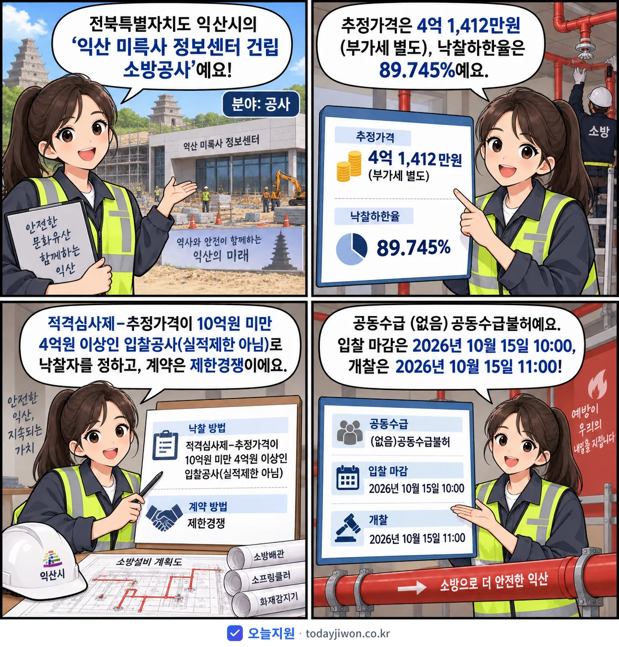 4컷 만화로 보는 공고: 전북특별자치도 익산시 '익산 미륵사 정보센터 건립 소방공사', 추정가격 4억 1,412만원, 입찰 마감 10/15 10:00