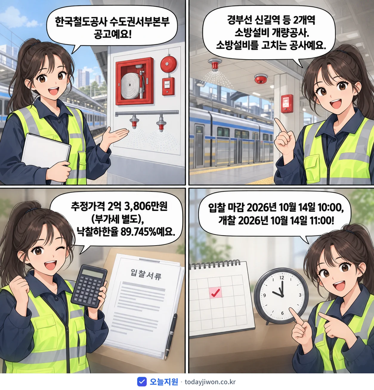 4컷 만화로 보는 공고: 한국철도공사 수도권서부본부 '경부선 신길역 등 2개역 소방설비 개량공사', 추정가격 2억 3,806만원, 입찰 마감 10/14 10:00