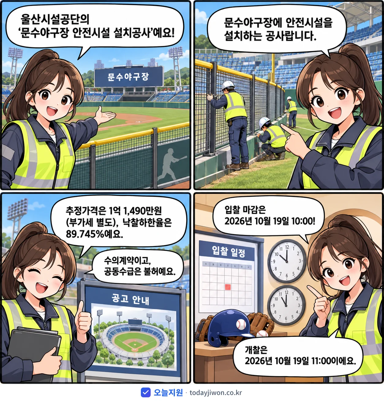 4컷 만화로 보는 공고: 울산시설공단 '문수야구장 안전시설 설치공사', 추정가격 1억 1,490만원, 입찰 마감 10/19 10:00