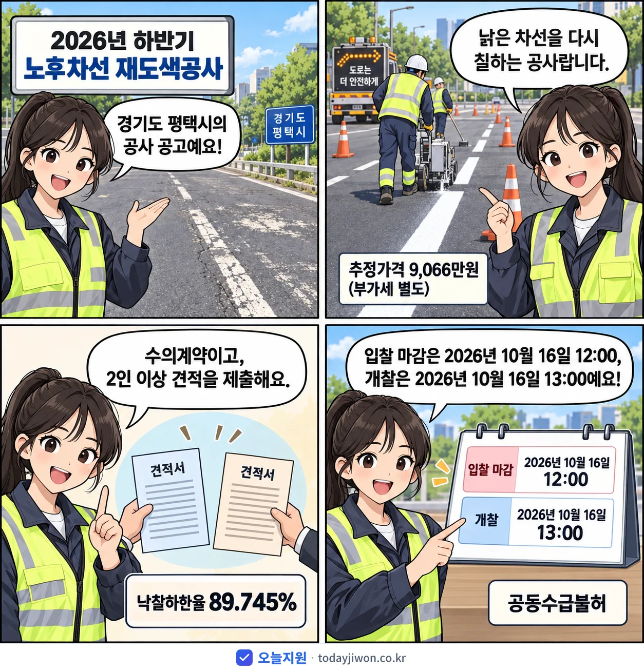 4컷 만화로 보는 공고: 경기도 평택시 '하반기 노후차선 재도색공사', 추정가격 9,066만원, 입찰 마감 10/16 12:00