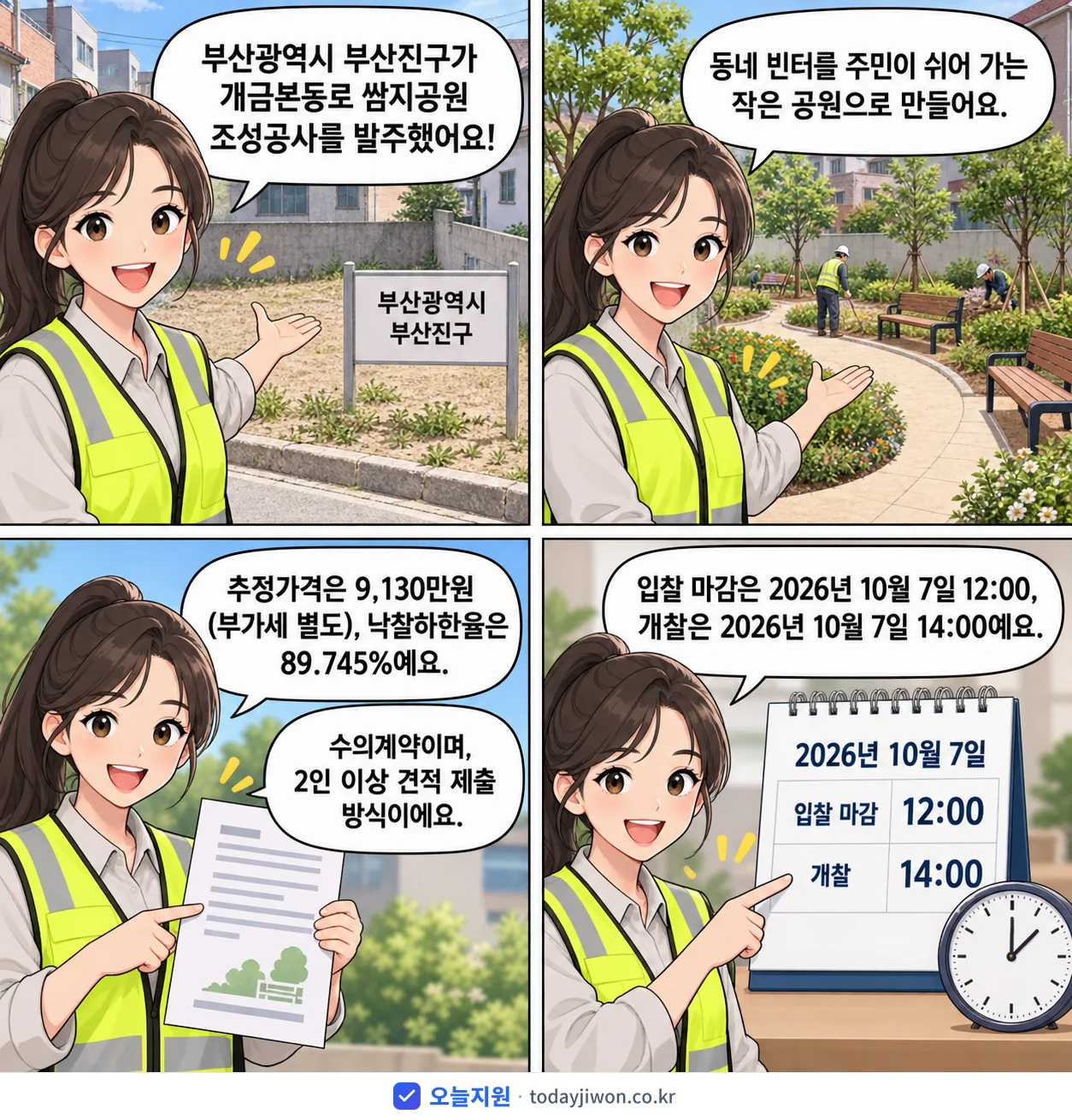 4컷 만화로 보는 공고: 부산광역시 부산진구 '개금본동로 쌈지공원 조성공사', 추정가격 9,130만원, 입찰 마감 10/7 12:00