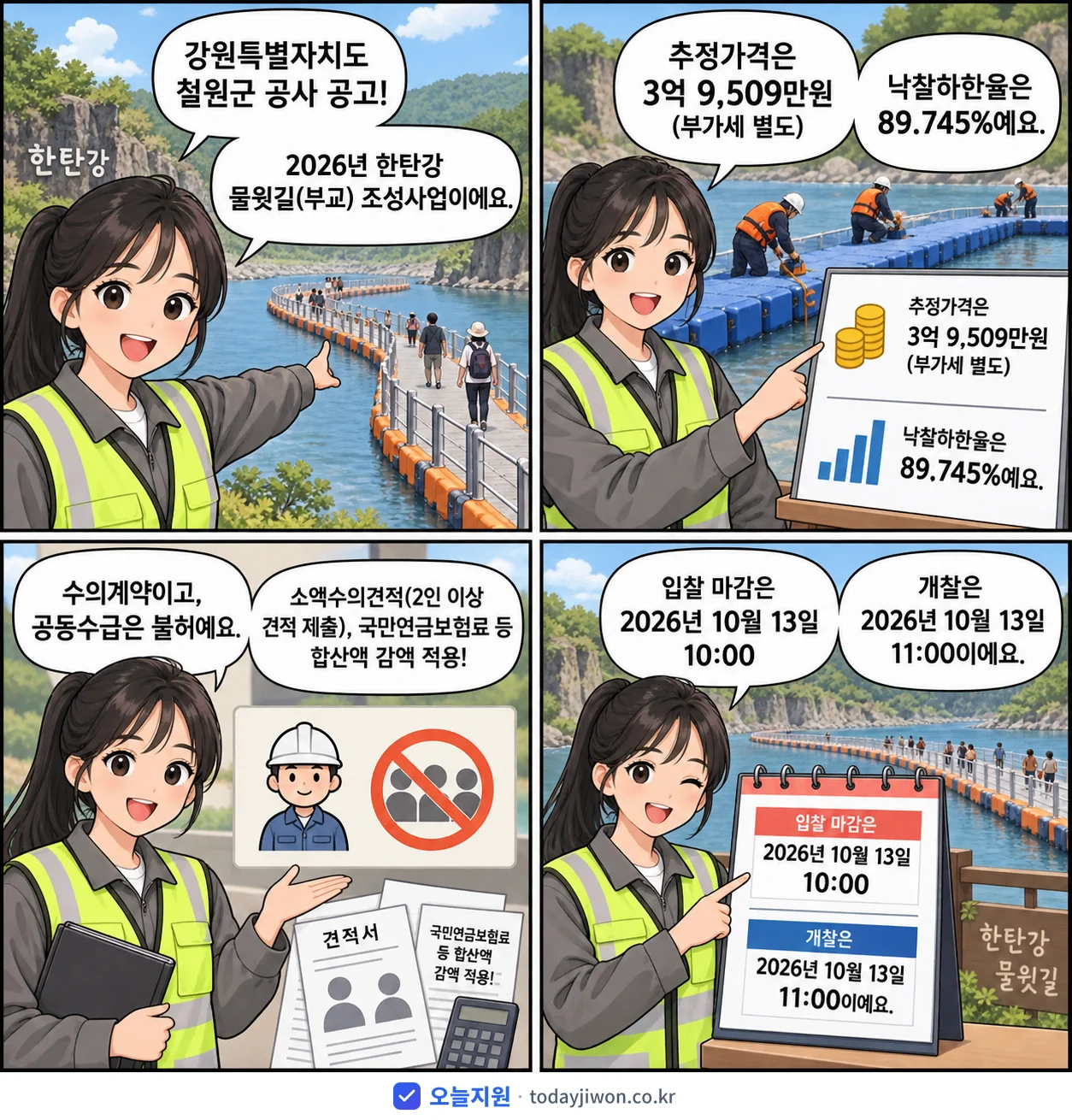 4컷 만화로 보는 공고: 강원특별자치도 철원군 '한탄강 물윗길(부교) 조성사업', 추정가격 3억 9,509만원, 입찰 마감 10/13 10:00