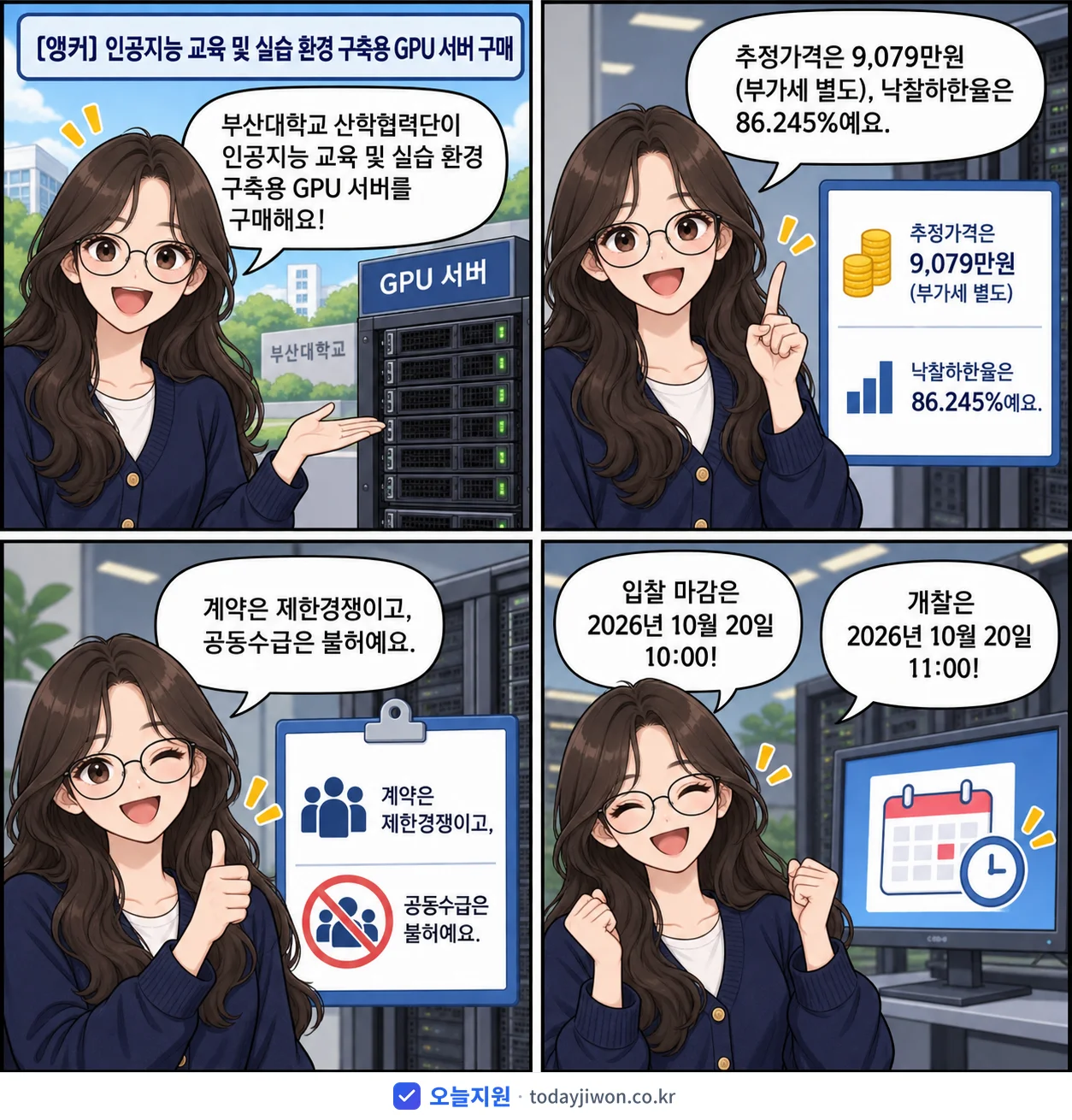 4컷 만화로 보는 공고: 부산대학교 산학협력단 '인공지능 교육 및 실습 환경 구축용 GPU 서버 구매', 추정가격 9,079만원, 입찰 마감 10/20 10:00