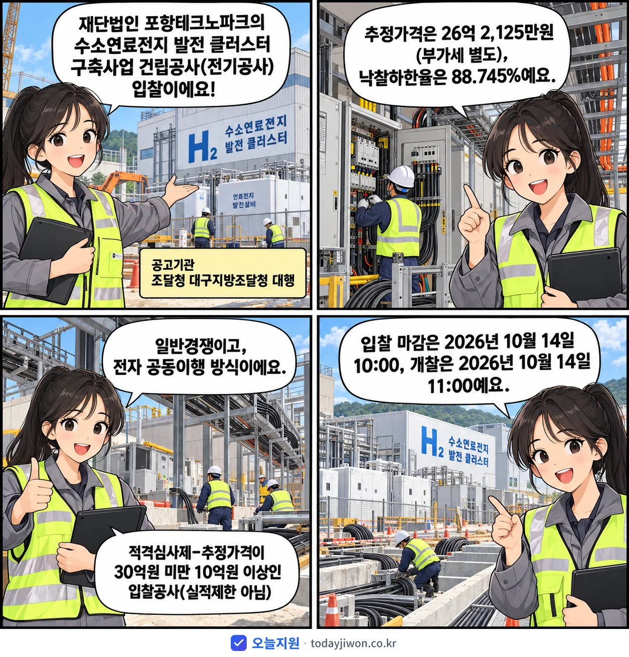 4컷 만화로 보는 공고: 재단법인 포항테크노파크 '수소연료전지 발전 클러스터 구축사업 건립공사(전기공사)', 추정가격 26억 2,125만원, 입찰 마감 10/14 10:00