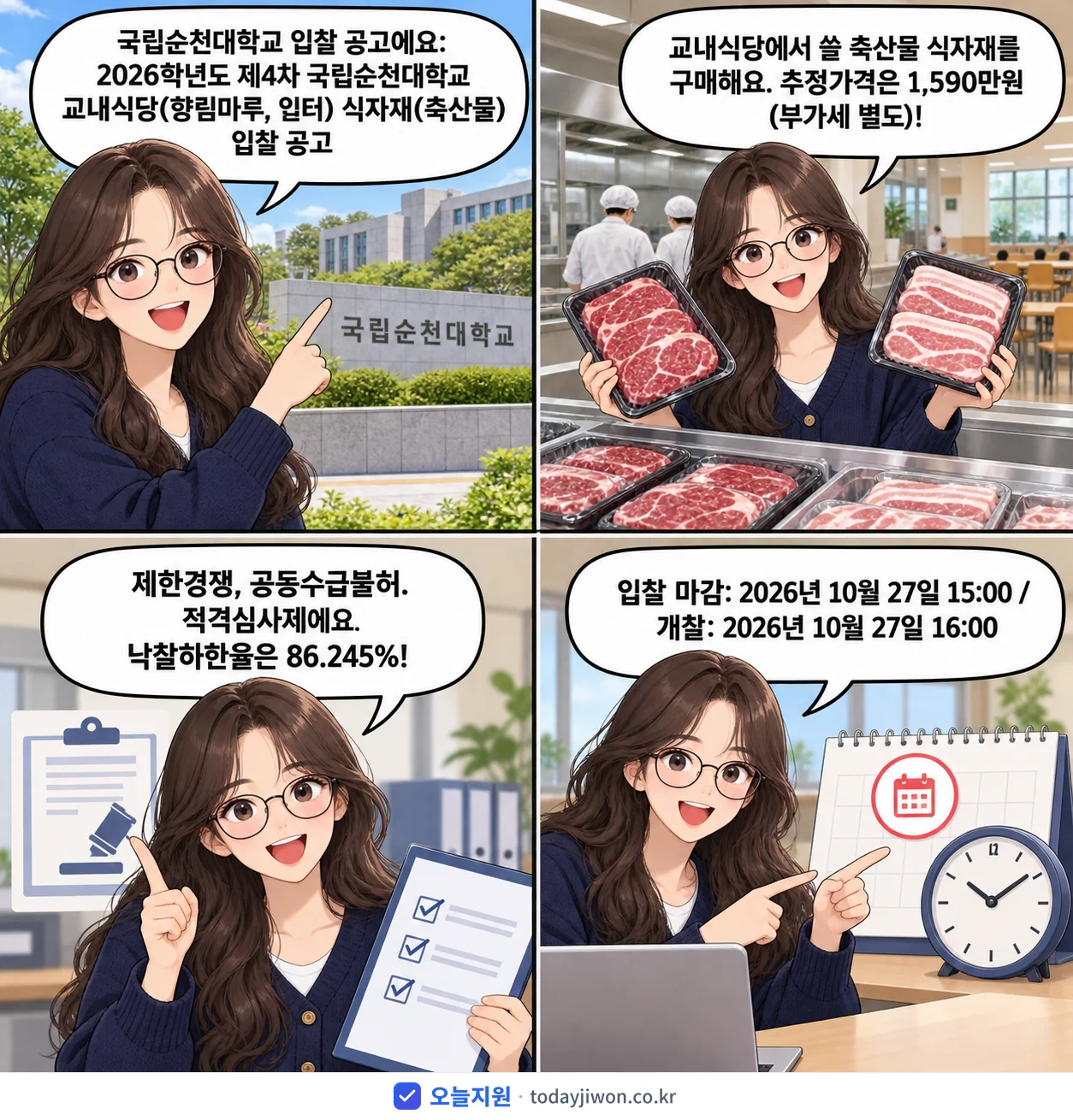 4컷 만화로 보는 공고: 국립순천대학교 '학년도 제4차 국립순천대학교 교내식당(향림마루, 읻터) 식자재(축산물)…', 추정가격 1,590만원, 입찰 마감 10/27 15:00