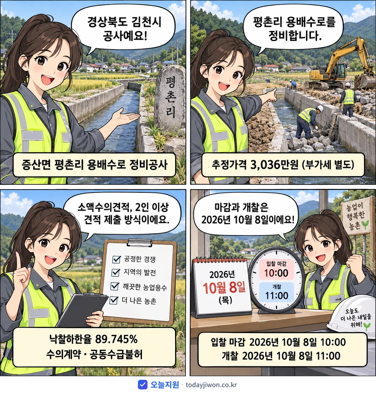 4컷 만화로 보는 공고: 경상북도 김천시 '증산면 평촌리 용배수로 정비공사', 추정가격 3,036만원, 입찰 마감 10/8 10:00