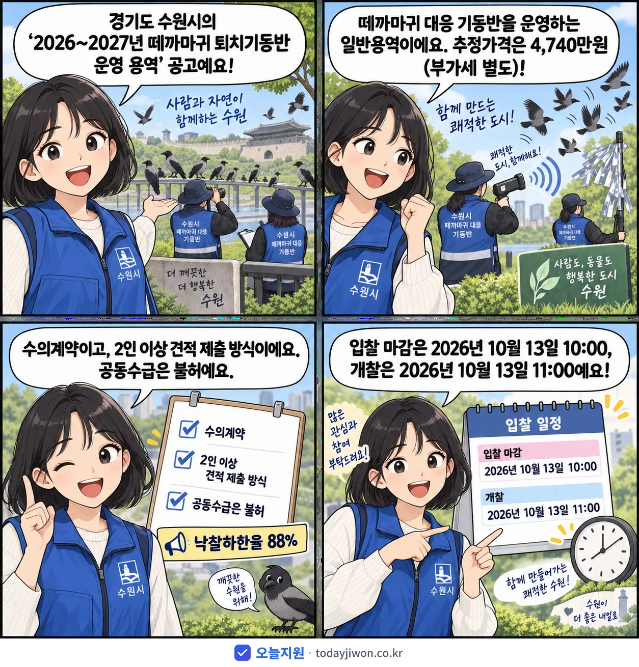 4컷 만화로 보는 공고: 경기도 수원시 '~2027년 떼까마귀 퇴치기동반 운영 용역', 추정가격 4,740만원, 입찰 마감 10/13 10:00