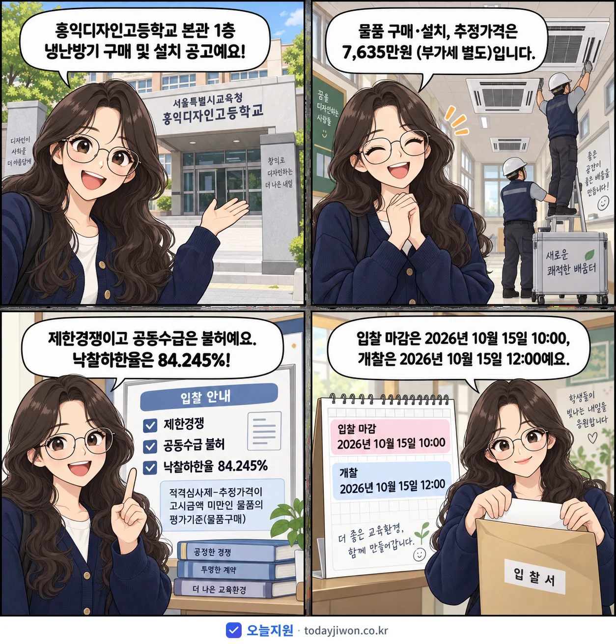 4컷 만화로 보는 공고: 서울특별시교육청 홍익디자인고등학교 '홍익디자인고등학교 본관 1층 냉난방기 구매 및 설치', 추정가격 7,635만원, 입찰 마감 10/15 10:00