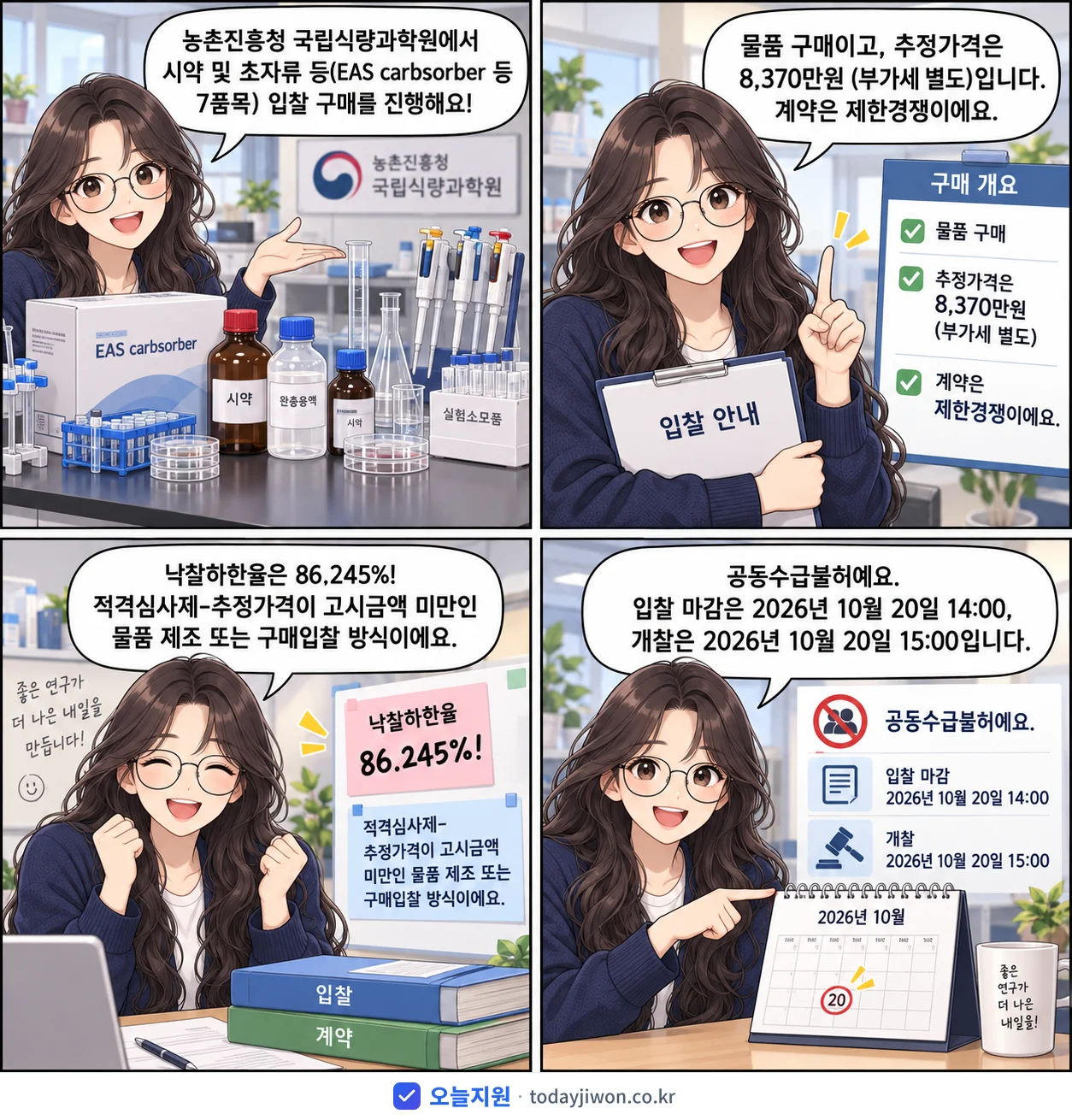 4컷 만화로 보는 공고: 농촌진흥청 국립식량과학원 '시약 및 초자류 등(EAS carbsorber 등 7품목) 입찰 구매', 추정가격 8,370만원, 입찰 마감 10/20 14:00